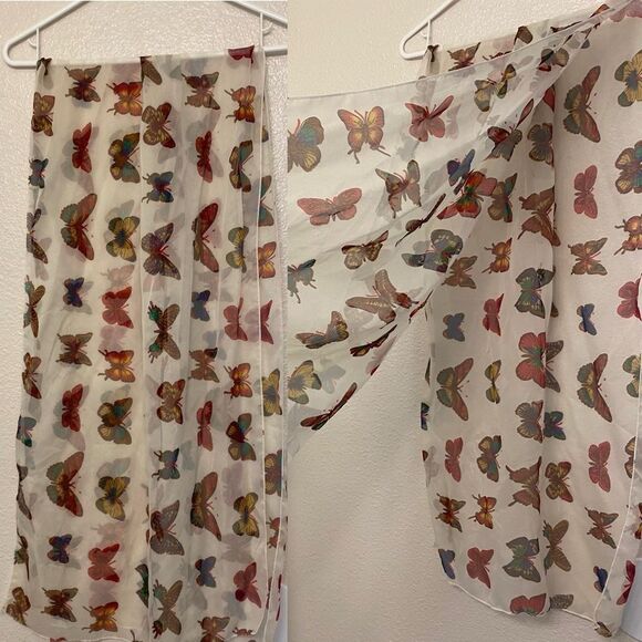 semi sheer silky colorful butterfly Mariposa lightweight scarf print 21x66 - Picture 1 of 6